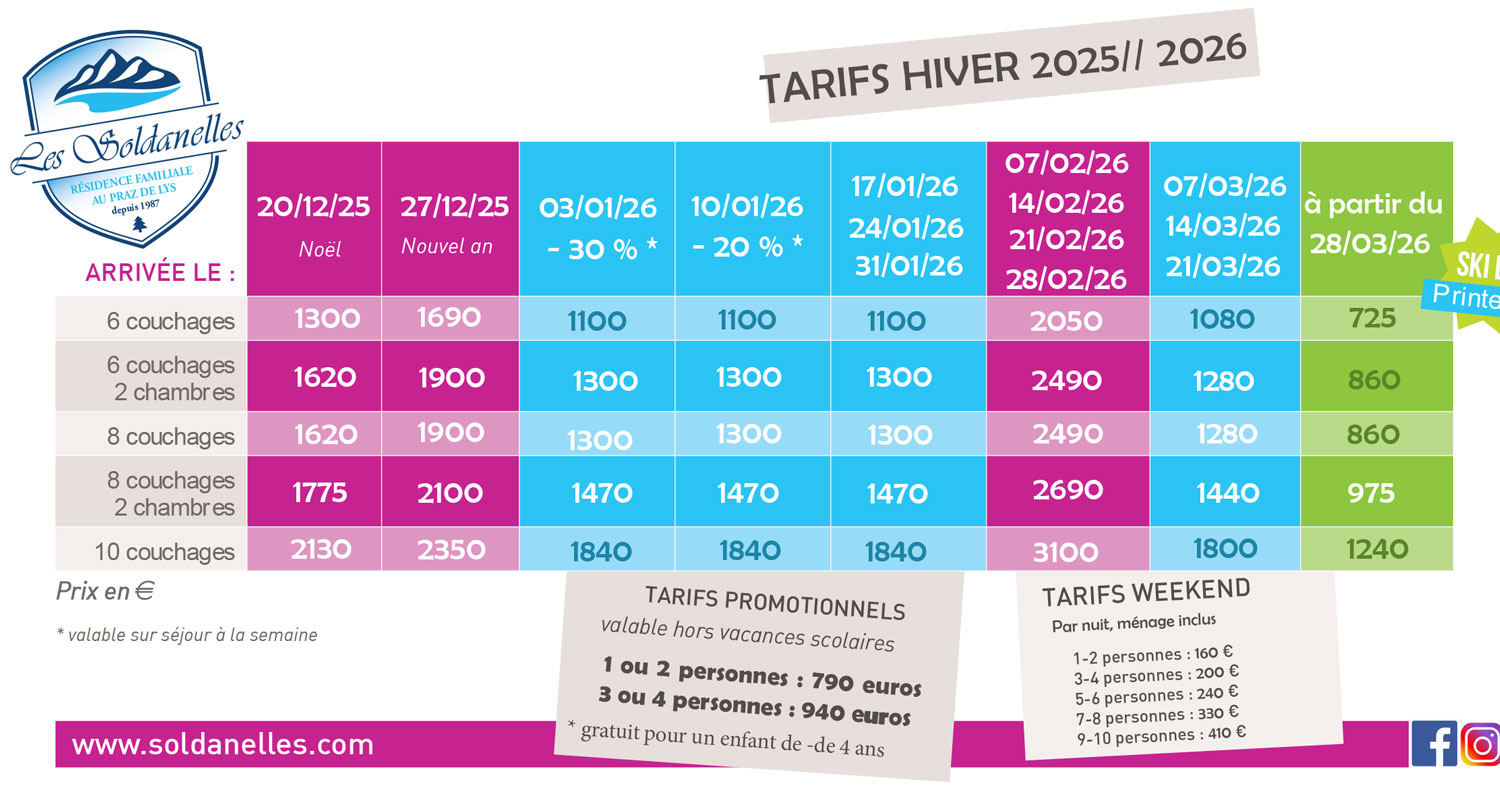 Tarifs Les Soldanelles au Praz de Lys