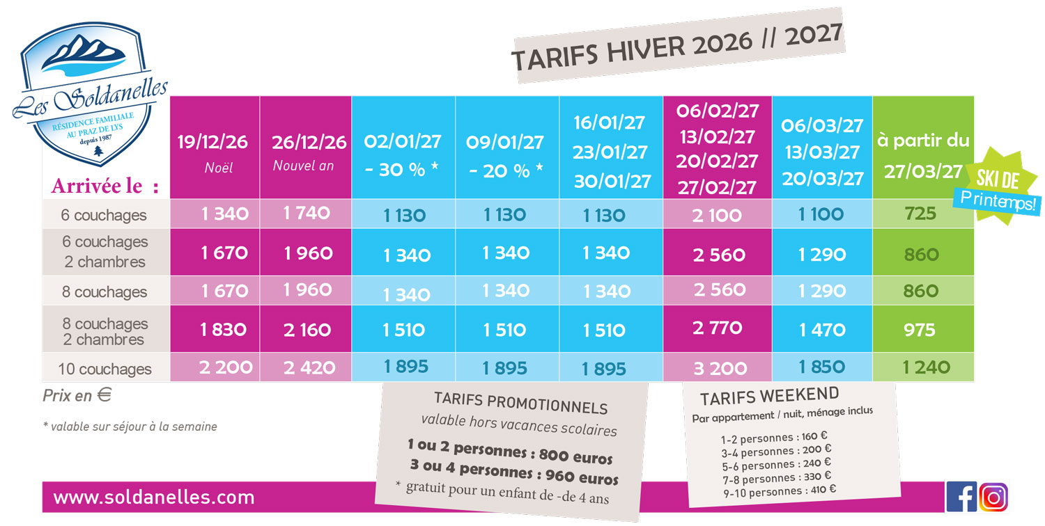 Tarifs Les Soldanelles au Praz de Lys